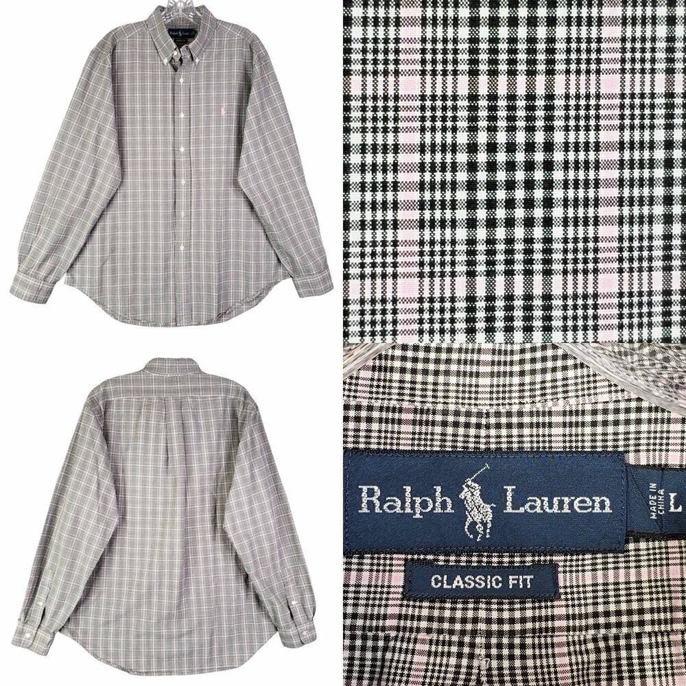 Polo Ralph Lauren Shirt Oxford Button Down Size‎ Large L White Black Plaid LS